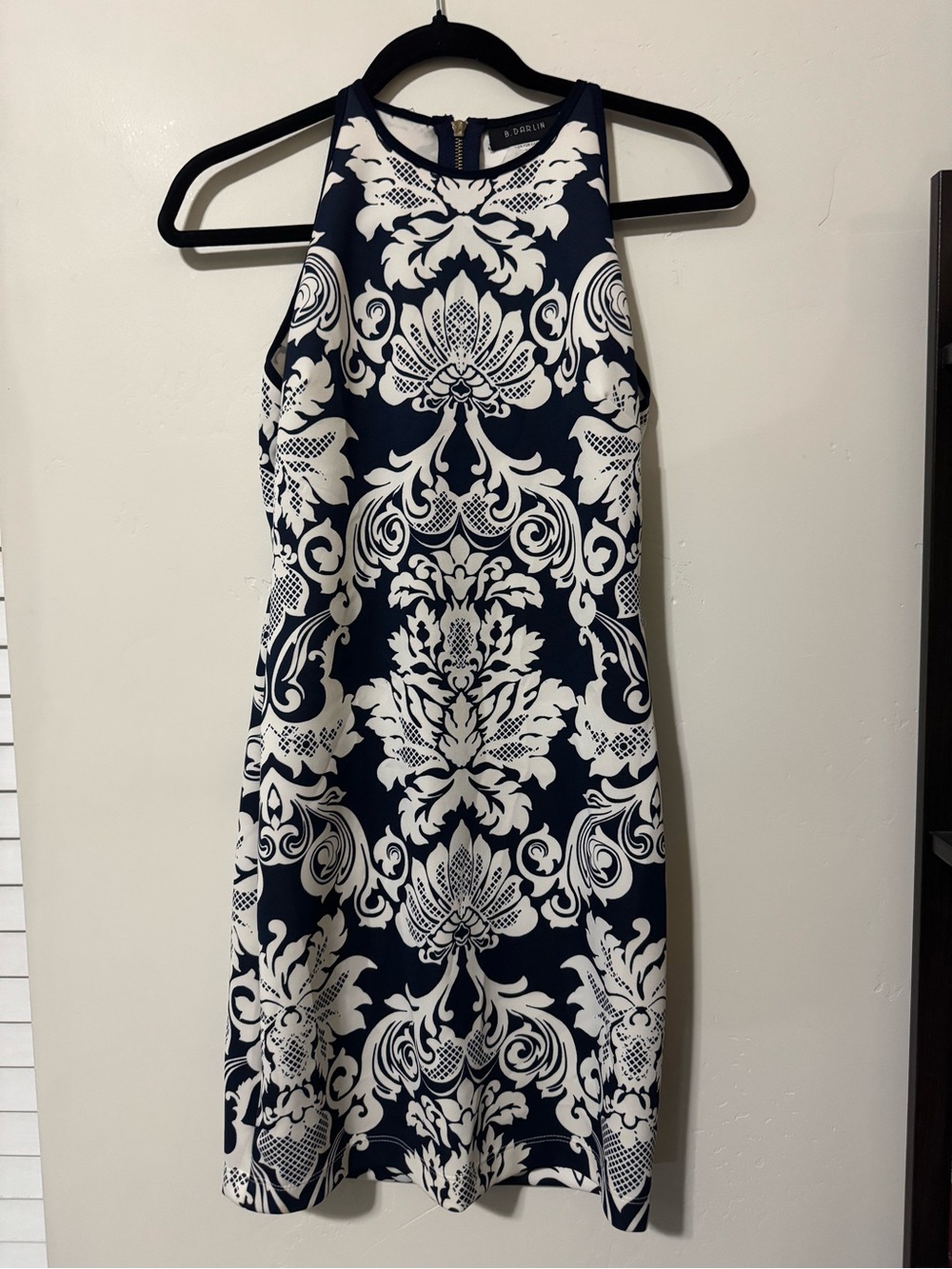B Darlin Navy & White Halter Damask Sheath Dress